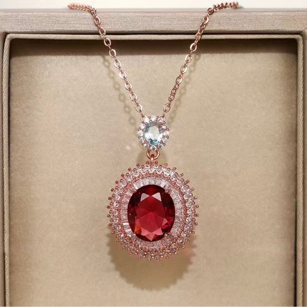 Rose Gold Necklace with Red Oval Gemstone Pendant